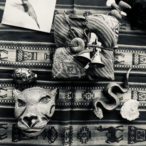 Schwarzweißfoto mit einem schamanischen Altar. Darauf liegt eine Schlange aus Holz, ein Jaguarkopf aus Ton, ein Bild mit einem fliegenden Kolibri, einer Adlerfigur, einem Flügel zum Räuchern und einer gebundenen Mesa in einem peruanischen Mesatuch.